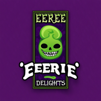Design for a business card “Eerie Delights” sells candy and spooky creations, purple and green