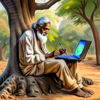 An old indian artist from 1800 is using modern AI technology to draw picture in his laptop sitting below a tree 