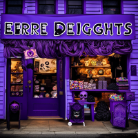 “Eerie delights” purple store front  selling candy and spooky wares 