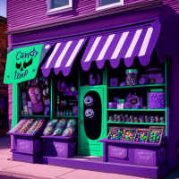 purple snd green store front selling candy and spooky items