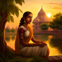  Create an image that depicts a young woman sitting serenely amidst the beautiful surroundings of Mathura and Vrindavan. She is positioned in the center of the composition, surrounded by ancient temples, lush greenery, and the gentle flow of Yamuna's waters. In the background, the sun sets, casting a warm glow over the scene. The woman's expression is one of tranquility and inner peace as she reflects on her spiritual journey. Surrounding her are vibrant colors and intricate details, evoking the essence of devotion and the sacred atmosphere of the place.