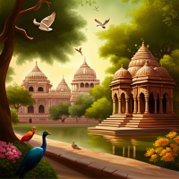  Absolutely, let's include some animals and birds in the scene to enhance the natural beauty. Here's the revised prompt:  Create an image that portrays the serene and enchanting surroundings of Mathura and Vrindavan, alive with the presence of animals and birds reveling in nature's beauty. Ancient temples adorned with intricate carvings stand amidst lush greenery and flowering trees. In the foreground, depict playful monkeys swinging from tree branches, while peacocks strut gracefully nearby, their vibrant feathers catching the soft light of the setting sun. Along the banks of the Yamuna, include gentle deer drinking from the tranquil waters, while colorful birds flutter and chirp overhead. Let the scene exude a sense of harmony between humans, animals, and nature, inviting the viewer to immerse themselves in the spiritual and natural richness of this sacred place.